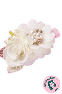 Hårklips med blomster/perler - ivory, rosa (M7)